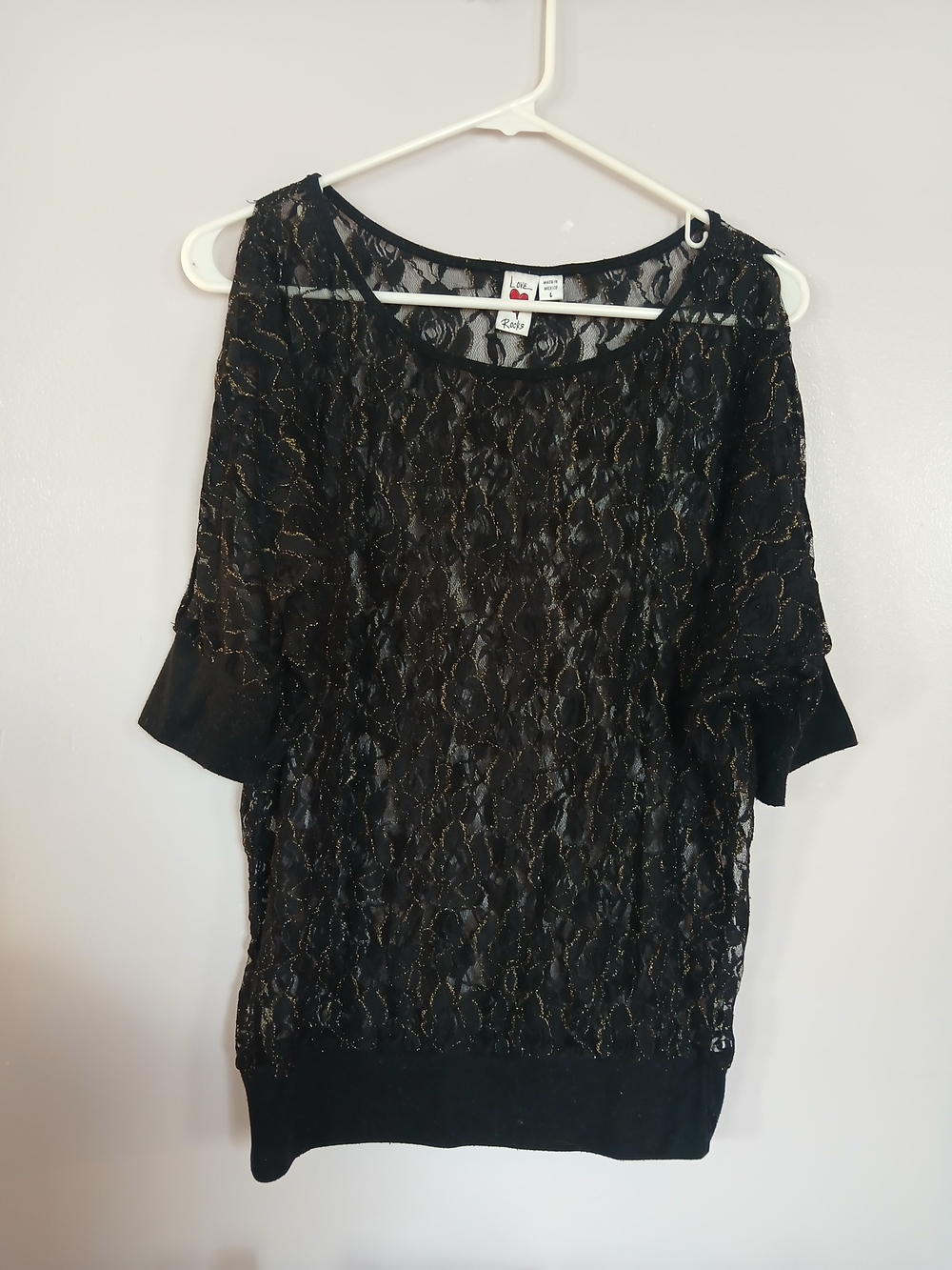 Love Rocks Black Lace Top with Gold Threading
